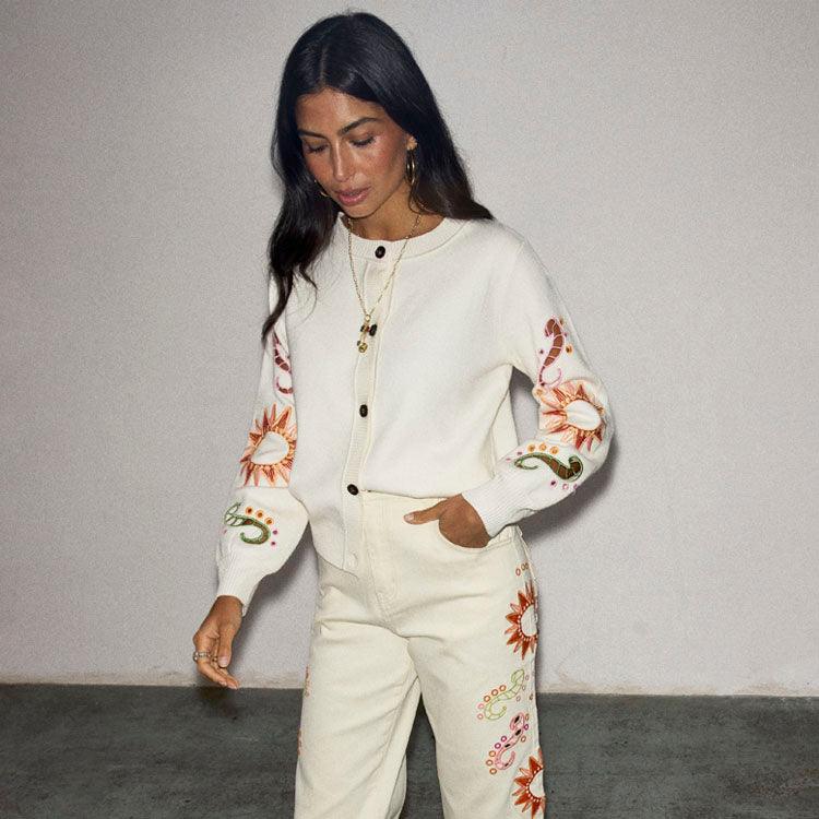 Cream Embroidered Cardigan for Women – Soft Knit & Breastfeeding Friendly
