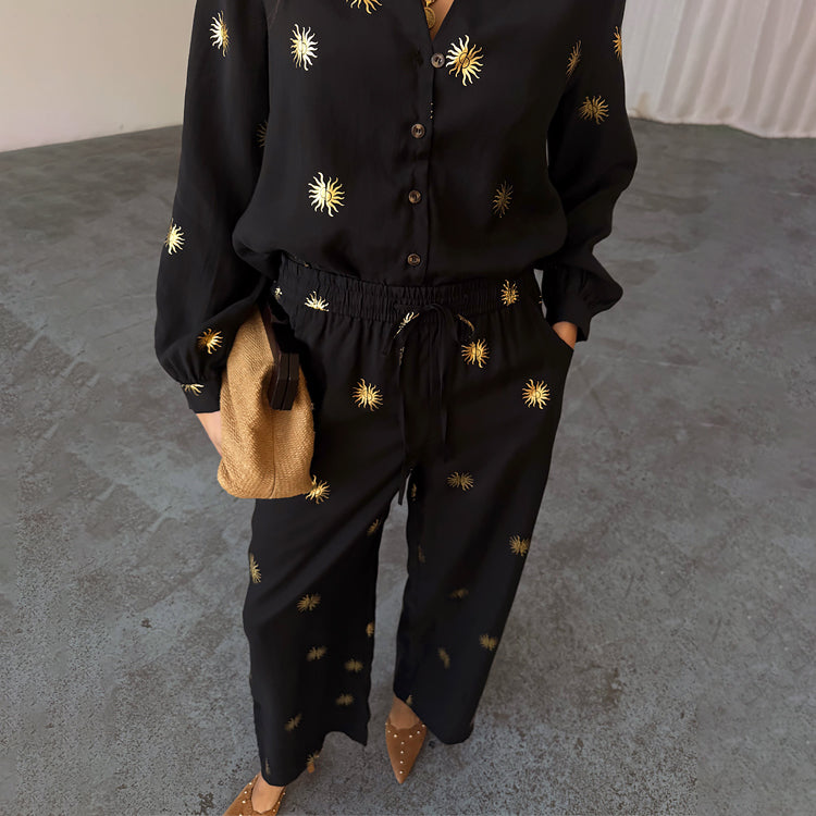 Gold Sun Elissa Wide Leg Trousers - Soft Lyocell Blend with Elastic Waist
