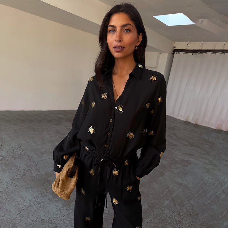 Black Gold Sun Print Miley Shirt - Button Up & Breastfeeding Friendly