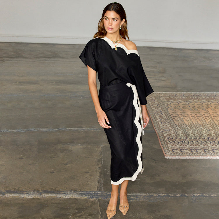 Black Scallop Hem Wrap Skirt - Cotton Linen Multi-Wear
