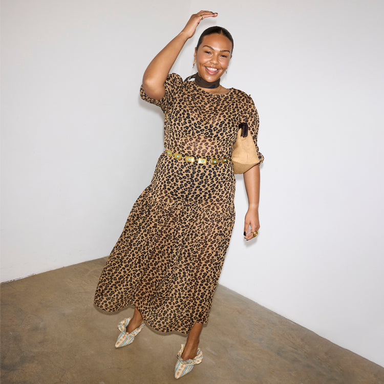 Leopard Print Sheer Dress with Puff Sleeves & Drop Waist