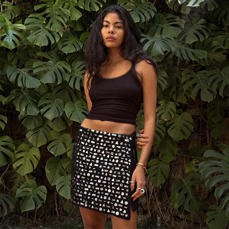 Black Beaded Mirror Skirt for Women - Wrap Tie Party Skirt