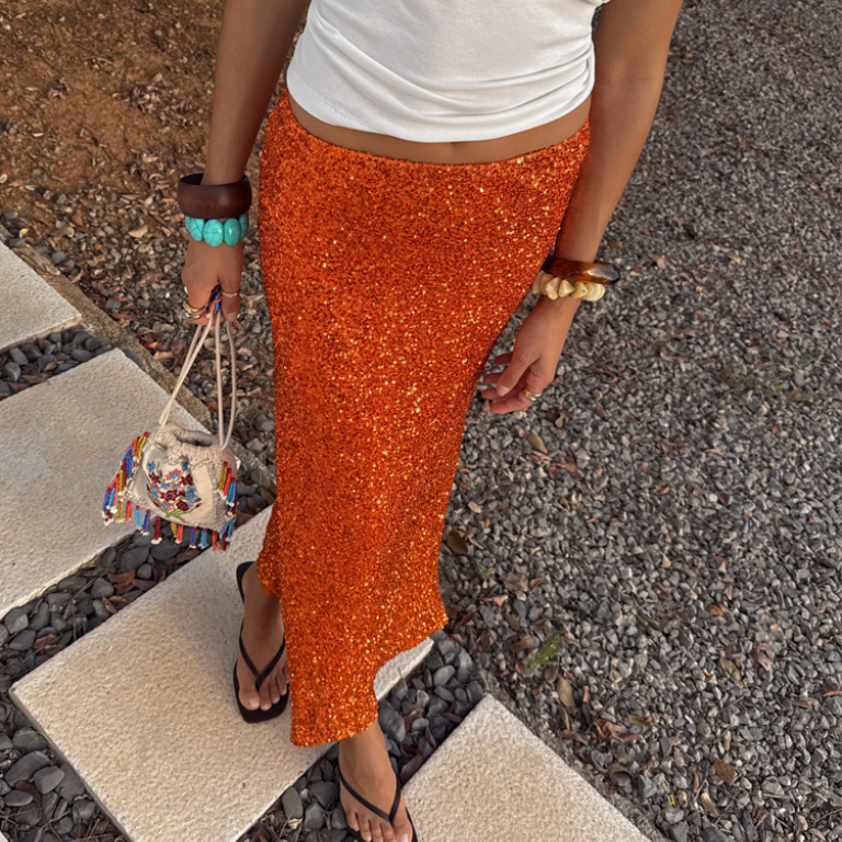 Orange Sequin Slip Skirt - Elastic Waist & Satin Lined