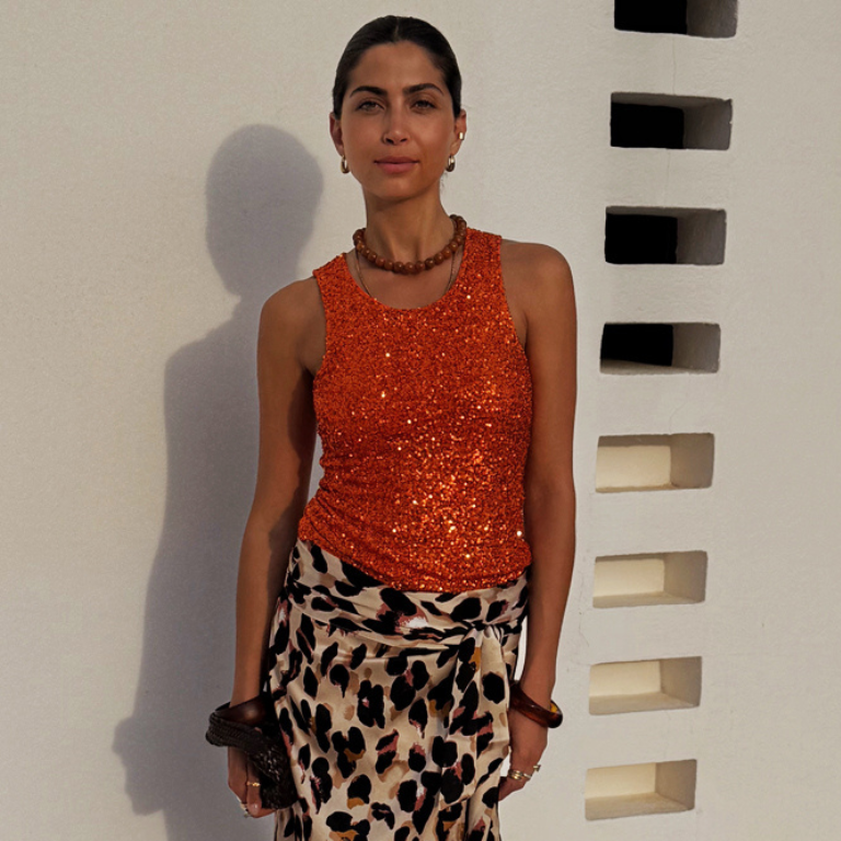 Orange Sequin Tank Top for Women - Soft Mesh Lined Party Shirt