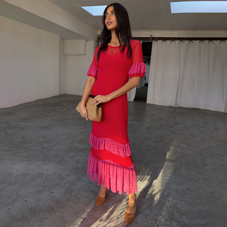 Red and Pink Mesh Angelina Midi Dress with Slip