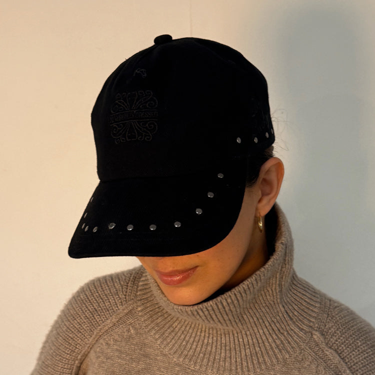 Black Studded Denim Cap with Adjustable Strap – NFD Logo