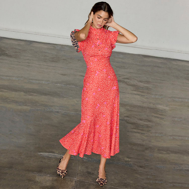 Red Floral Print Remi Dress with Tortoise Buttons