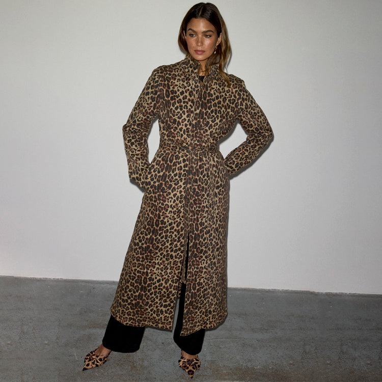 Leopard Print Denim Jacket with Detachable Tie Waist - Lucia Coat