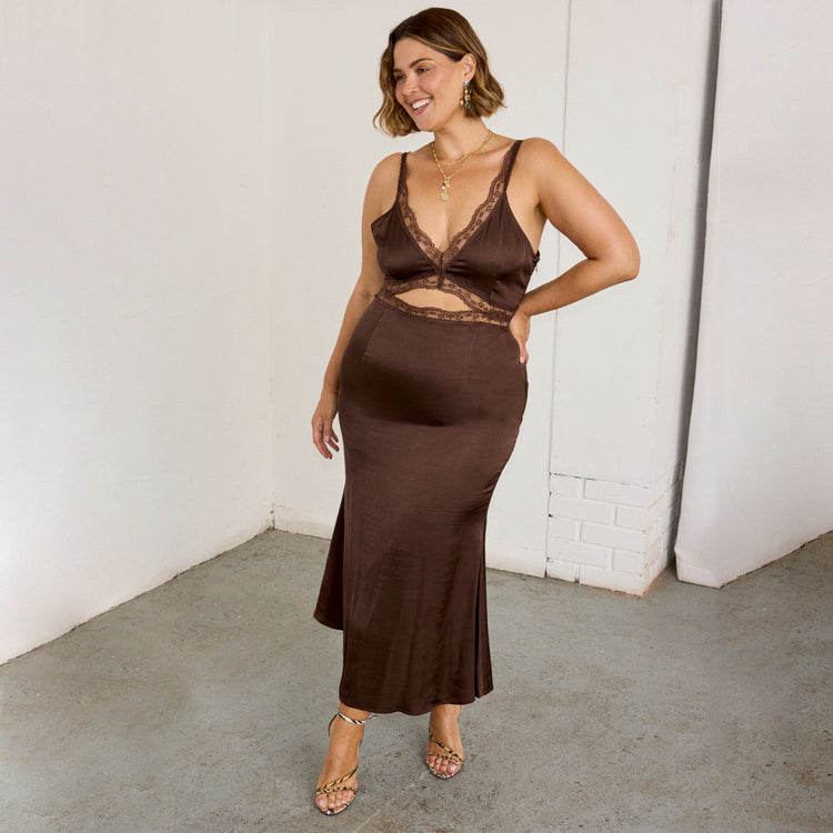 Chocolate Mimi Dress with Lace Trim & Bust Cutout for Weddings