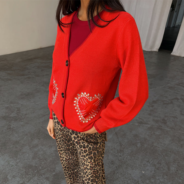 Burgundy Embroidered Heart Cardigan for Women - Breastfeeding Friendly
