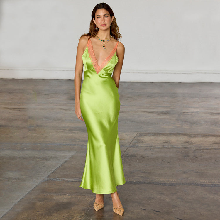 Lime Green Coral Lace Satin V-Neck Dress