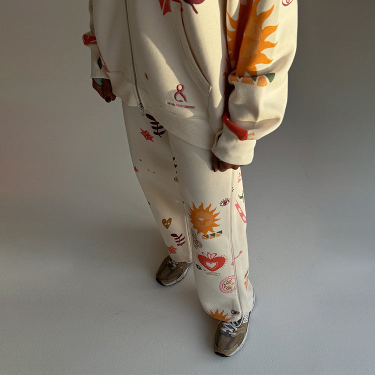 Cream Sundazed Wide Leg Joggers with Adjustable Waist & Side Zips
