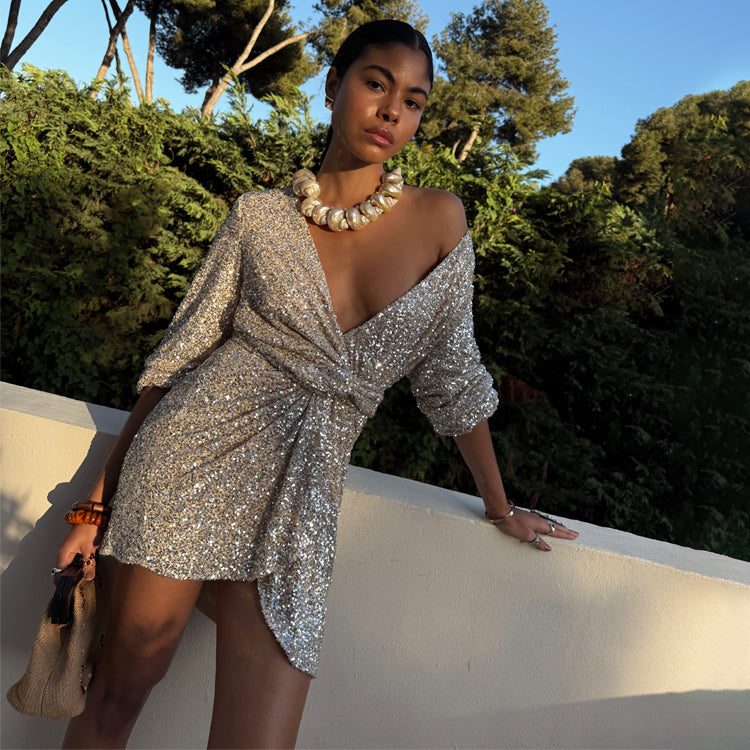 Silver Sequin Wrap Dress - Adjustable & Breastfeeding Friendly