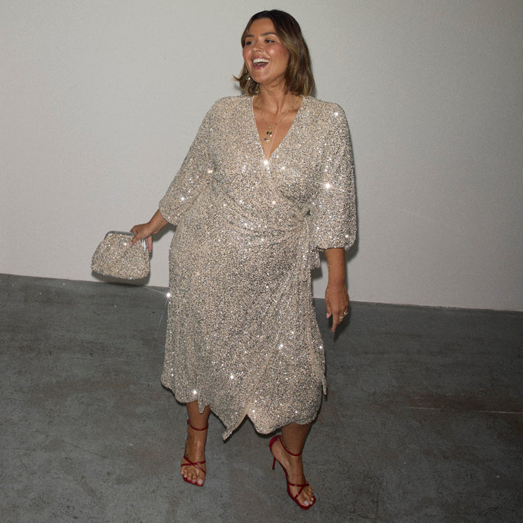 Silver Sequin Wrap Dress for Women - Adjustable & Breastfeeding Friendly