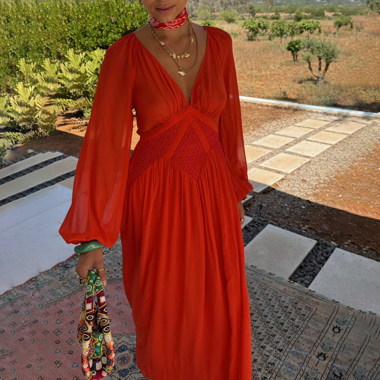 Red and Pink Shirred Waist Dress with Blouson Sleeves