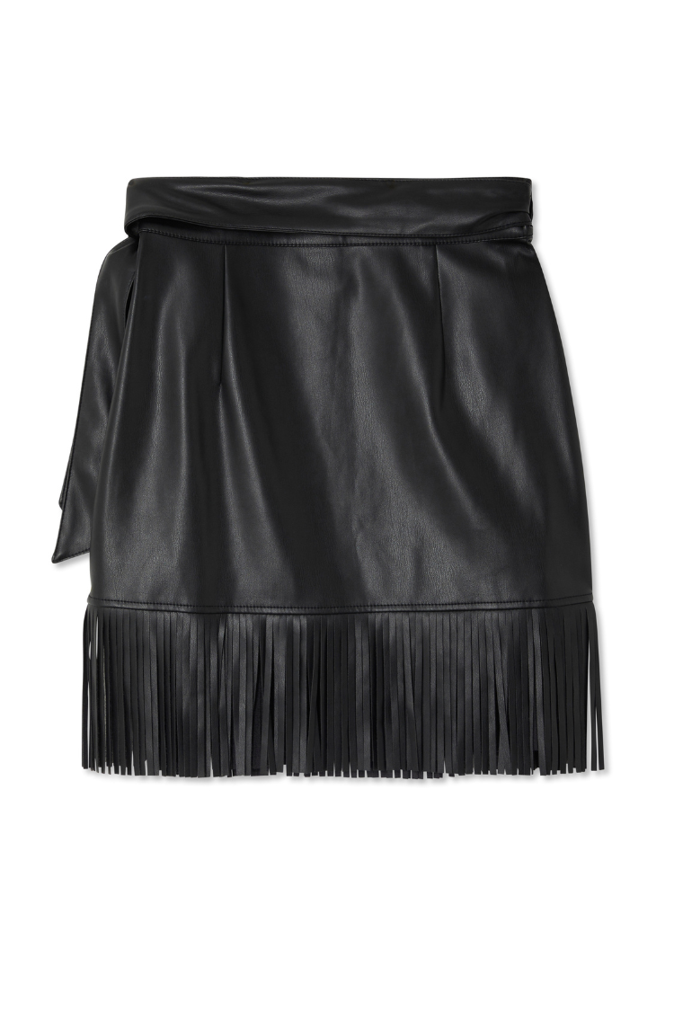 Black Vegan Leather Mini Skirt with Fringe - Wrap Waist Multiwear