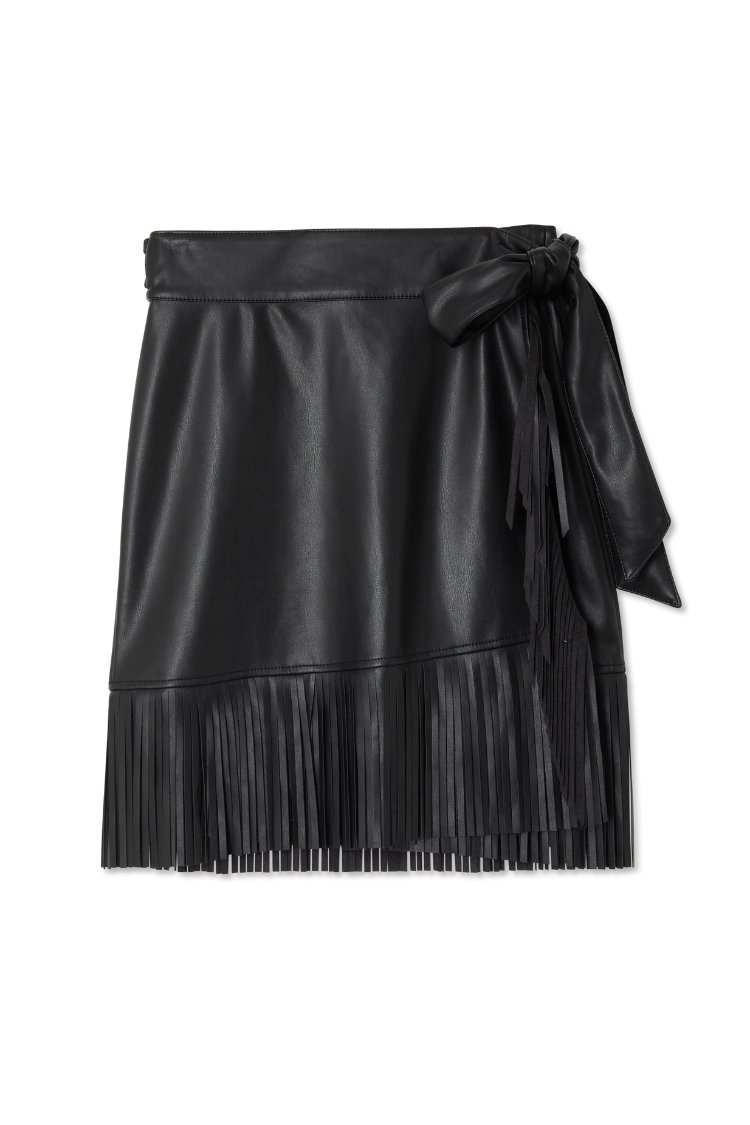 Black Vegan Leather Mini Skirt with Fringe - Wrap Waist Multiwear