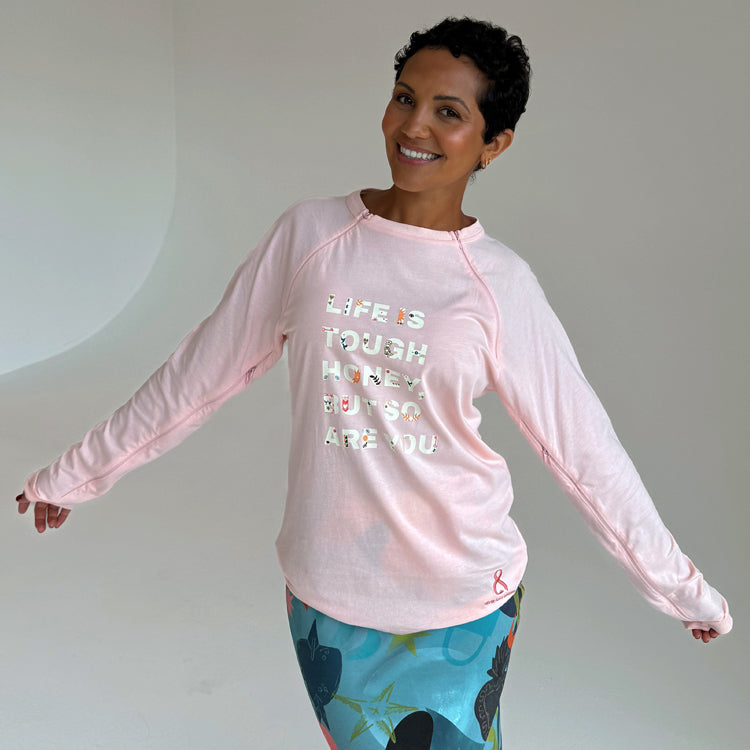 Pink Life is Tough Long Sleeve Accessible T-Shirt for Breast Cancer Support