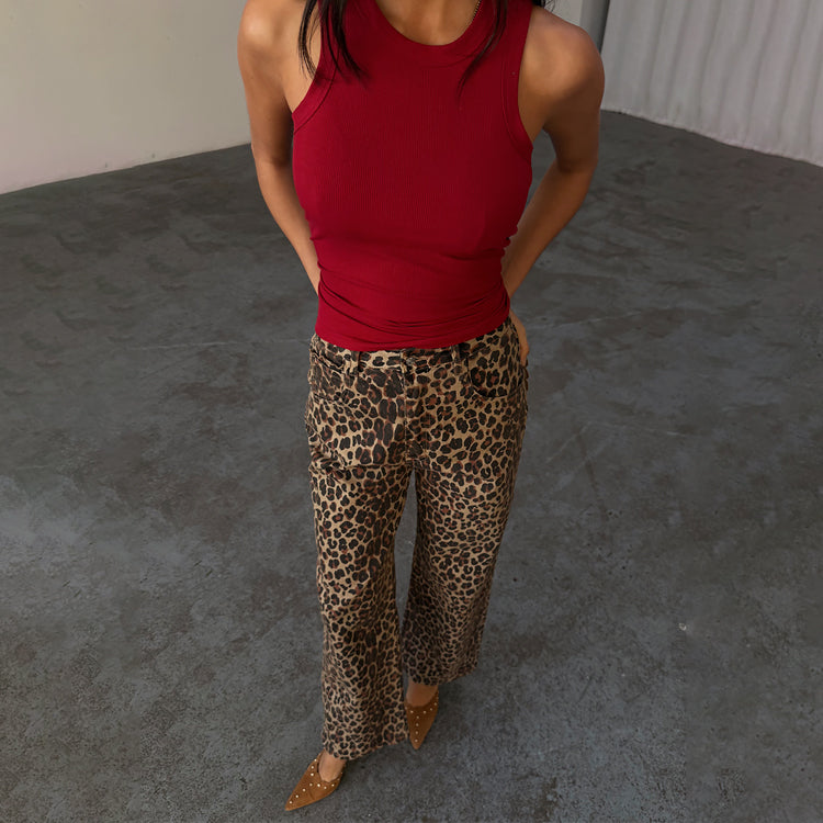 NFD Deep Red Ribbed Tank Top for Women - Soft Stretch Logo Embroidered