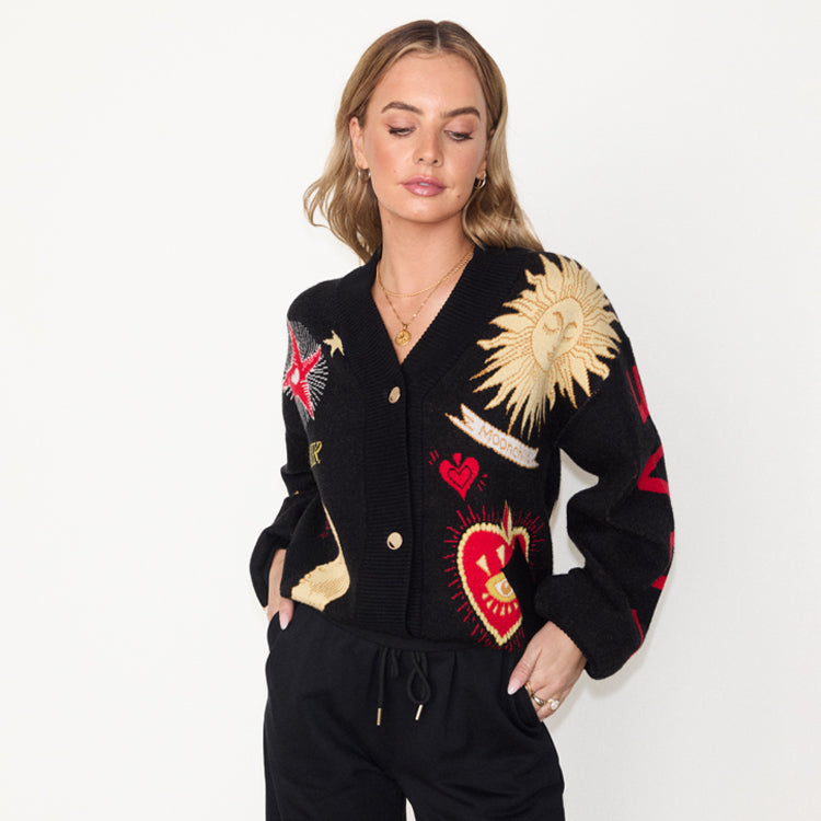 Black Jacquard Cardigan with Sun & Moon Motifs - Bomber Style, Breastfeeding Friendly