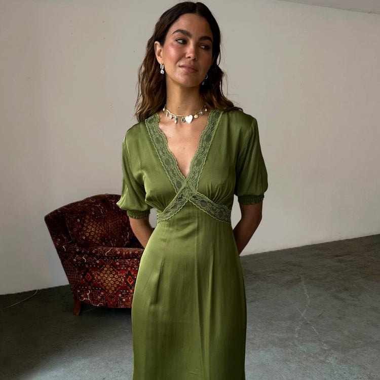 Olive Green Lace Midi Dress with Sheer Detailing
