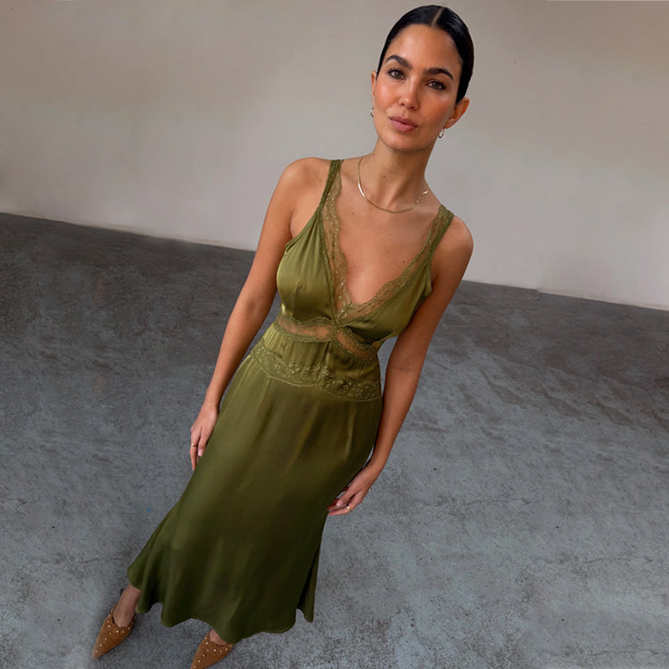 Olive Green Lace Satin Gianna Dress for Women