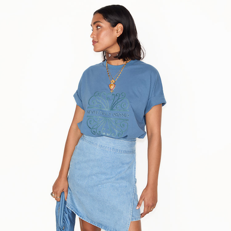 Washed Blue Cotton T-Shirt with Vegan Leather Logo - Boxy Fit
