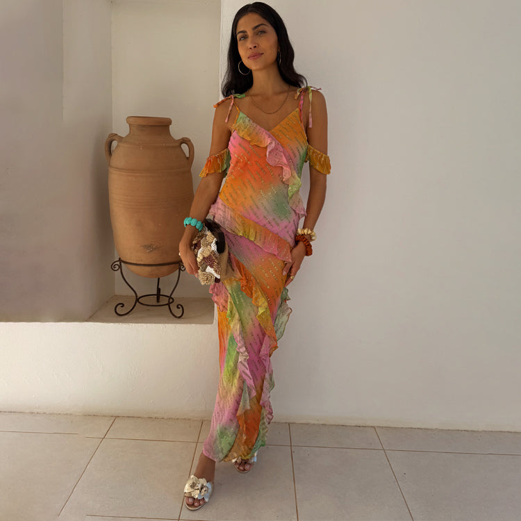 Ombre Jacquard Dress with Ruffle Sleeves & Adjustable Straps