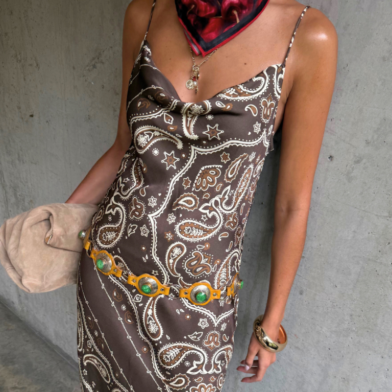 Brown Bandana Print Patti Dress with Black Lace Detailing