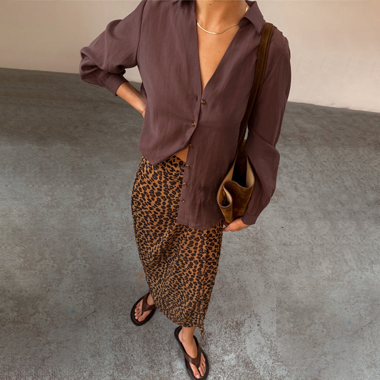 Chocolate Brown Blouson Sleeve Shirt with Embroidered Logo
