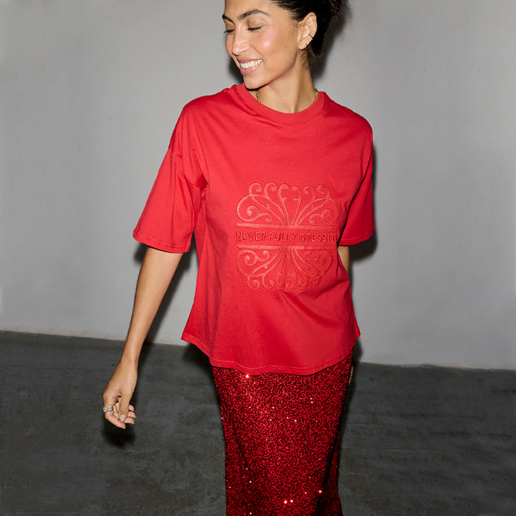 Red Vegan Leather Logo T-shirt - Boxy Fit, 100% Cotton