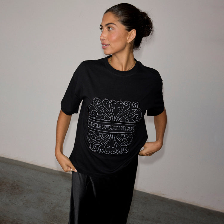 Black Beaded Logo T-Shirt - Relaxed Fit Cotton Top for Women