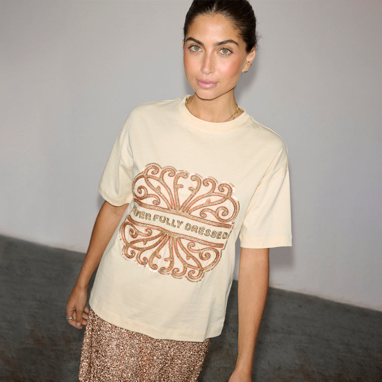 Cream Beaded Logo T-shirt by NFD - Relaxed Fit Cotton Tee