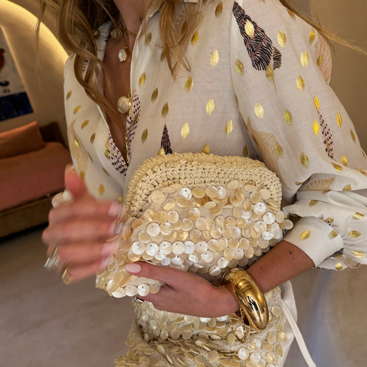 Sequin Embellished Shell Bag with Raffia Handles – NFD