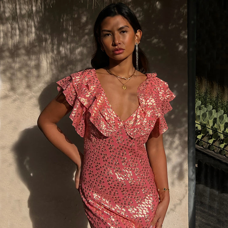 Pink Jacquard Tilda Dress with Ruffled Neckline & Gold Fleck Print