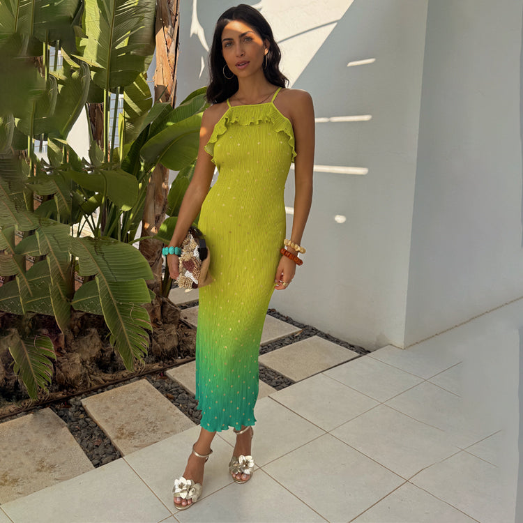Lime Ombre Plisse Dress with Cold Shoulder & Tie Waist