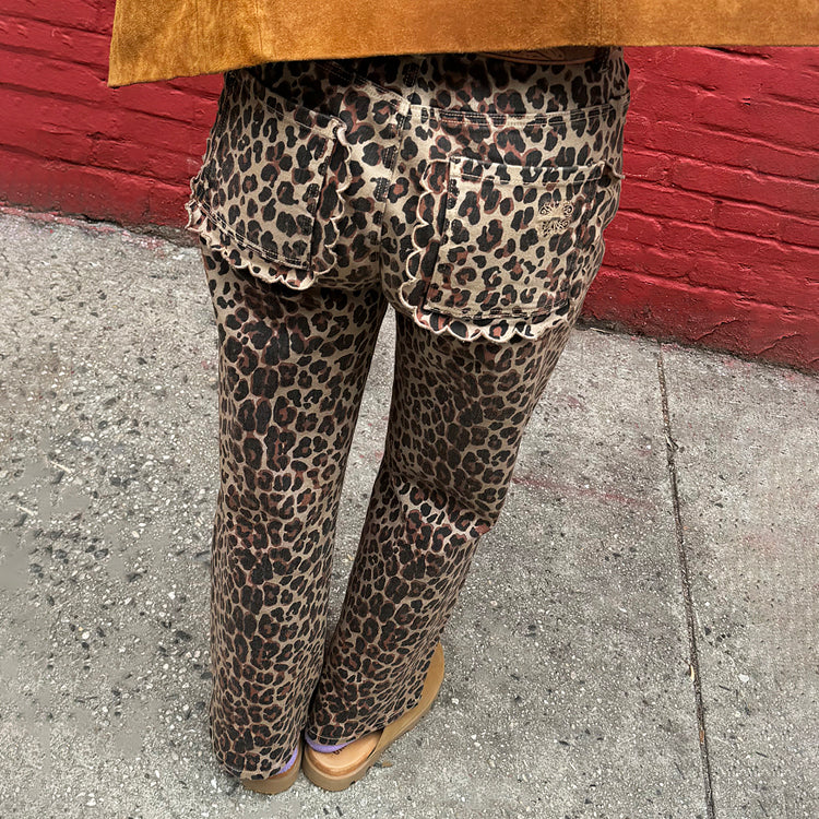 Leopard Print Wide Leg Jeans with Scalloped Pockets