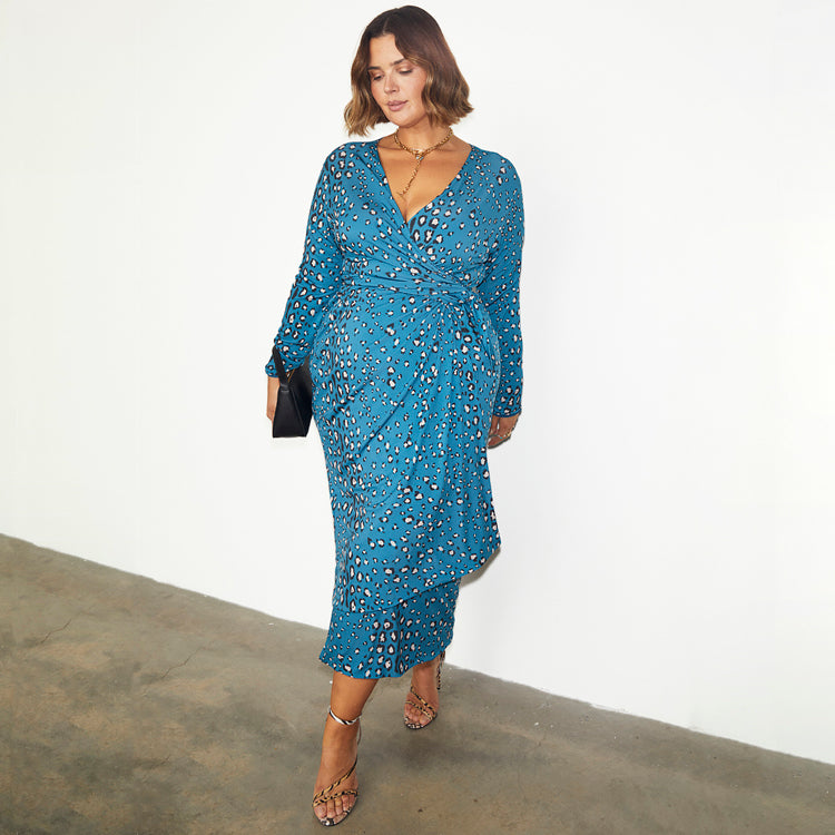 Reversible Teal Animal Print Wrap Dress for Women