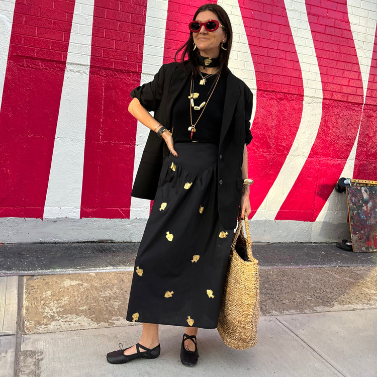 Black A-Line Skirt with Gold Fish Embellishments - Cotton Summer Skirt