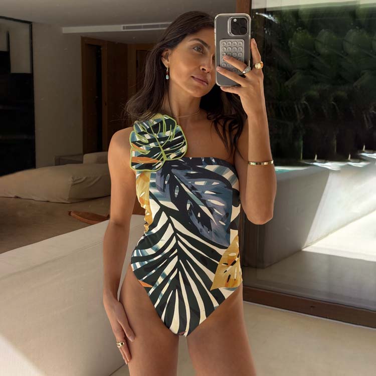 Palm Leaf Print One Shoulder Swimsuit - Nylon & Elastane