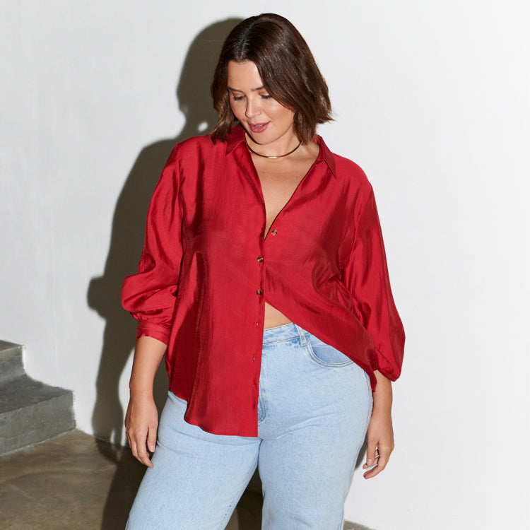 Red Miley Button-Up Shirt - Luxe Lyocell Blend with Embroidered Logo