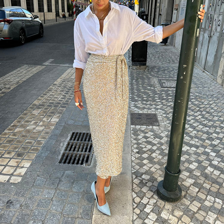 Silver Sequin Maxi Wrap Skirt - Adjustable Waist & Multiwear
