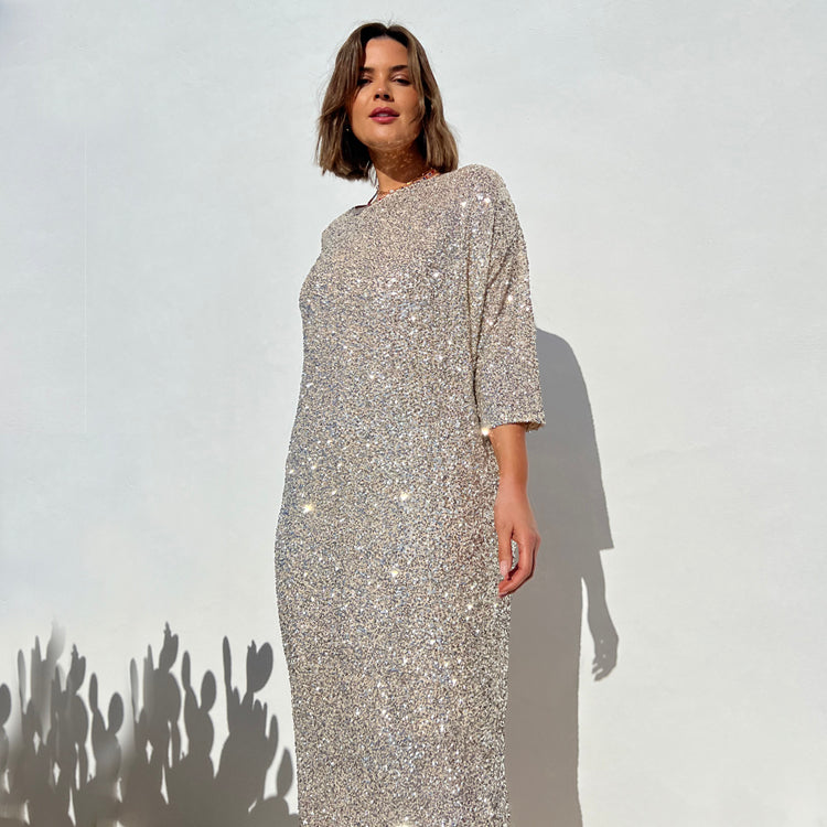 Sequin Jem Party Dress for Women - Glamorous Nude Sparkle Gown