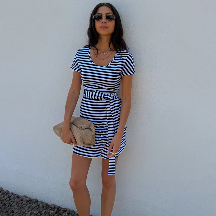 Striped Wrap Dress with Tie Waist - Summer Jersey Dress