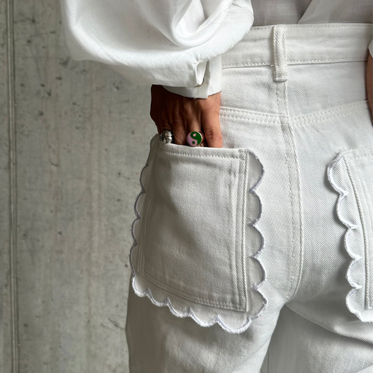 Ecru Wide Leg Jeans with Scallop Pockets & Embroidered Logo