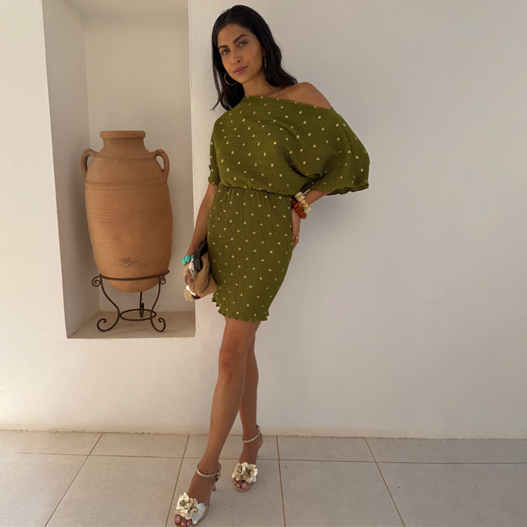 Khaki Plisse Maternity Dress - Breastfeeding Friendly Mini Tilly Dress