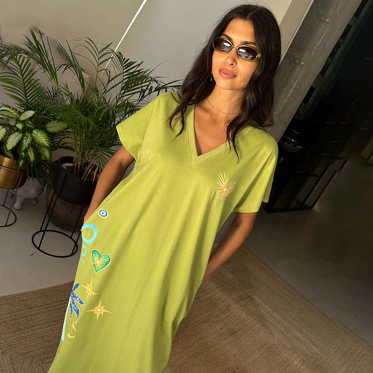 Olive Green Cotton T-Shirt Dress for Women - Maxi Length