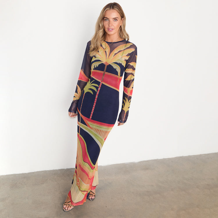Blue Mesh Palm Print Dress with Detachable Slip