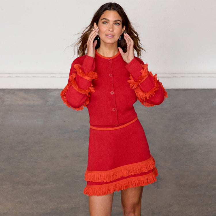Red Fringe Knit Skirt with Western Flair - Pull On Style