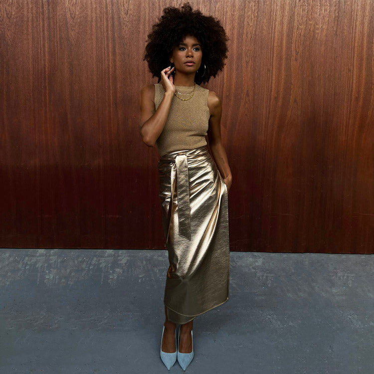 Gold Vegan Leather Wrap Skirt – Jaspre Style Mid-Length Skirt